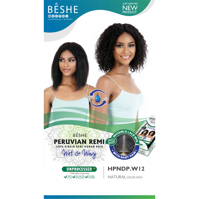 Beshe Peruvian Remi 100% Virgin Remy Human Hair Wet & Wavy HD Lace Wig - HPNDP.W 12" - Image 2