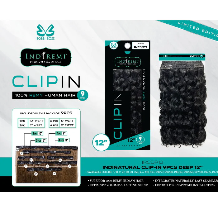 Bobbi Boss Indiremi Clip-In 9 PCS 100% Remy Human Hair Weaving - DEEP 12" - Image 2