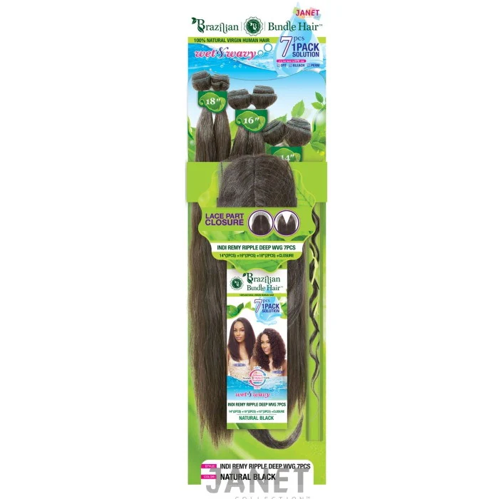 Janet Collection Brazilian Bundle 100% Natural Virgin Human Hair Wet & Wavy Weave - INDI REMY RIPPLE DEEP WVG 7Pcs