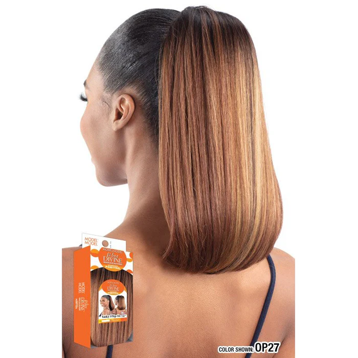 Model Model Miss Divine Human Hair Blend Drawstring Ponytail - YAKI FLIP IN 14" - Image 3