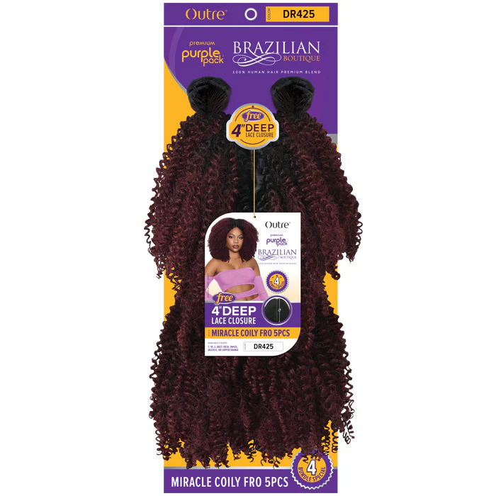 Outre Purple Pack Brazilian Boutique 100% Human Hair Blend Weave - MIRACLE COILY FRO 5 PCS + Free 4" Deep Lace Closure - Image 4