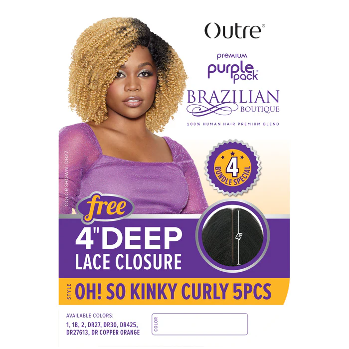 Outre Purple Pack Brazilian Boutique 100% Human Hair Blend Weave - OH SO KINKY CURLY 5 PCS + Free 4" Deep Lace Closure - Image 3