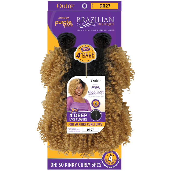 Outre Purple Pack Brazilian Boutique 100% Human Hair Blend Weave - OH SO KINKY CURLY 5 PCS + Free 4" Deep Lace Closure - Image 4