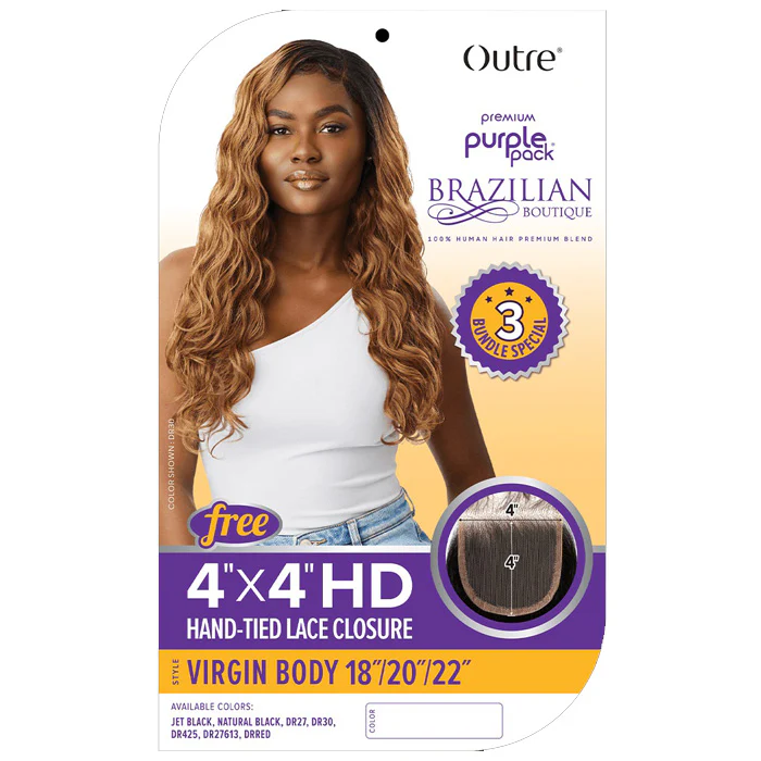 Outre Purple Pack Brazilian Boutique Human Hair Blend Weave - VIRGIN BODY 4PCS (18/20/22"+ 4X4 HD lace closure) - Image 4