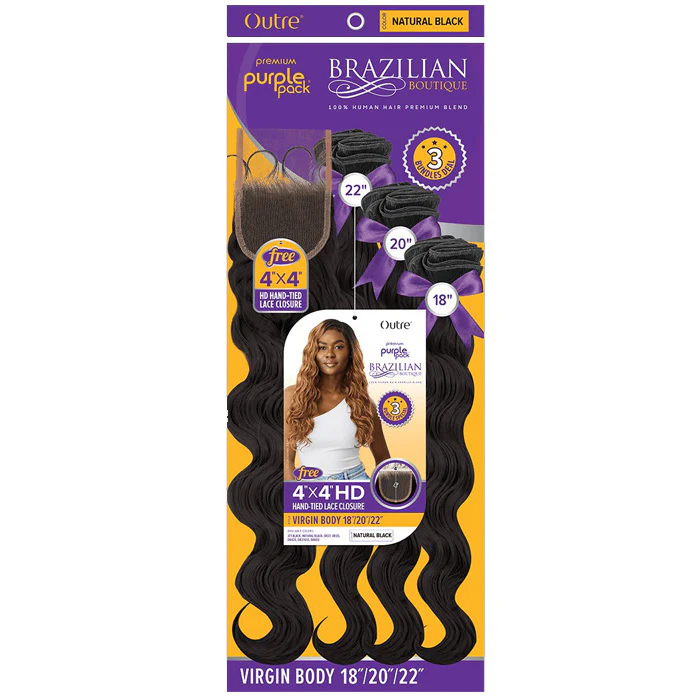 Outre Purple Pack Brazilian Boutique Human Hair Blend Weave - VIRGIN BODY 4PCS (18/20/22"+ 4X4 HD lace closure) - Image 5