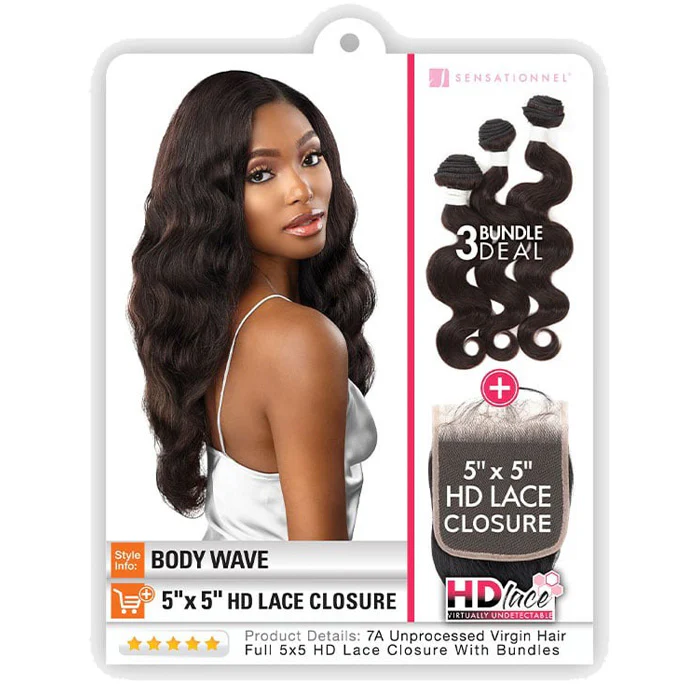 Sensationnel Bare & Natural 100% Virgin Human Hair 5x5 HD Lace Closure 3 Bundles Weave - BODY WAVE 10-22" - Image 4