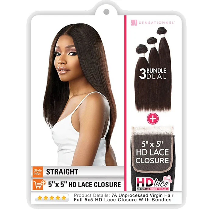 Sensationnel Bare & Natural 7A 100% Virgin Human Hair 5X5 HD Lace Closure 3 Bundle Deal Weave - STRAIGHT 10-22" - Image 4