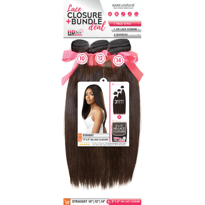 Sensationnel Bare & Natural 7A 100% Virgin Human Hair 5X5 HD Lace Closure 3 Bundle Deal Weave - STRAIGHT 10-22" - Image 5
